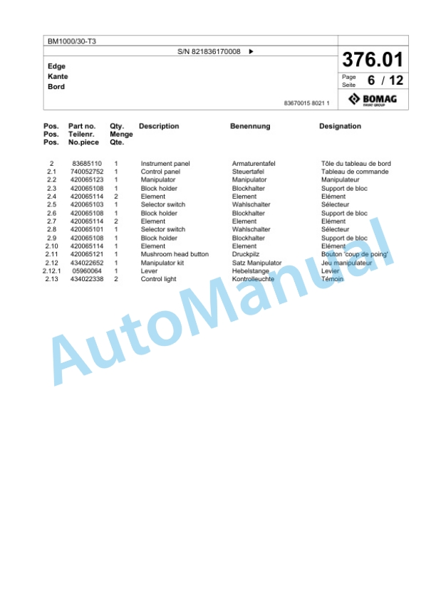 Bomag BM1000-30-T3 Cold Milling Planer Spare Parts Catalogue 00818423-2