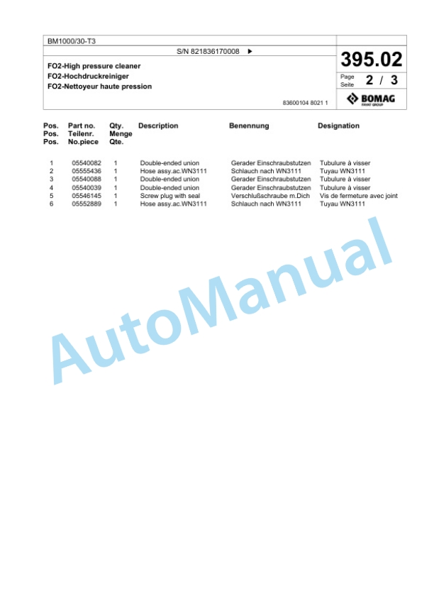 Bomag BM1000-30-T3 Cold Milling Planer Spare Parts Catalogue 00818423-5