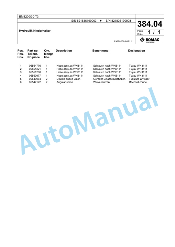 Bomag BM1200-30-T3 Cold Milling Planer Spare Parts Catalogue 00818427-3
