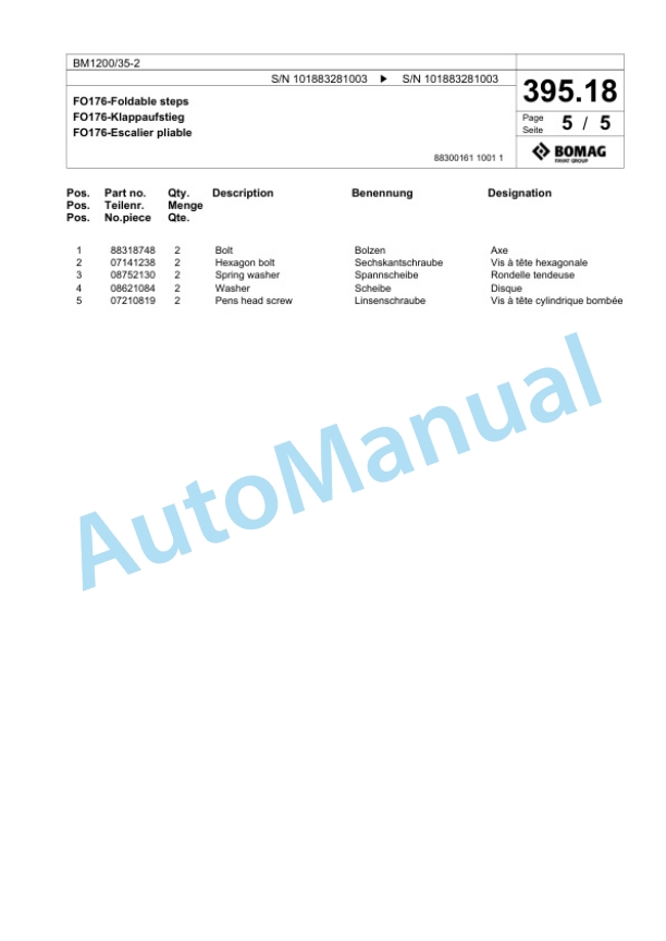 Bomag BM1200-35-2 Cold Milling Planer Spare Parts Catalogue 00826485-5