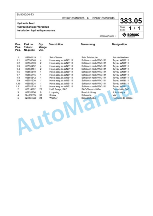 Bomag BM1300-30-T3 Cold Milling Planer Spare Parts Catalogue 00818425-3