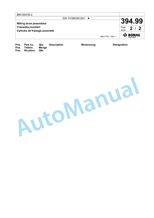 Bomag BM1300-35-2 Cold Milling Planer Spare Parts Catalogue 00826499-3