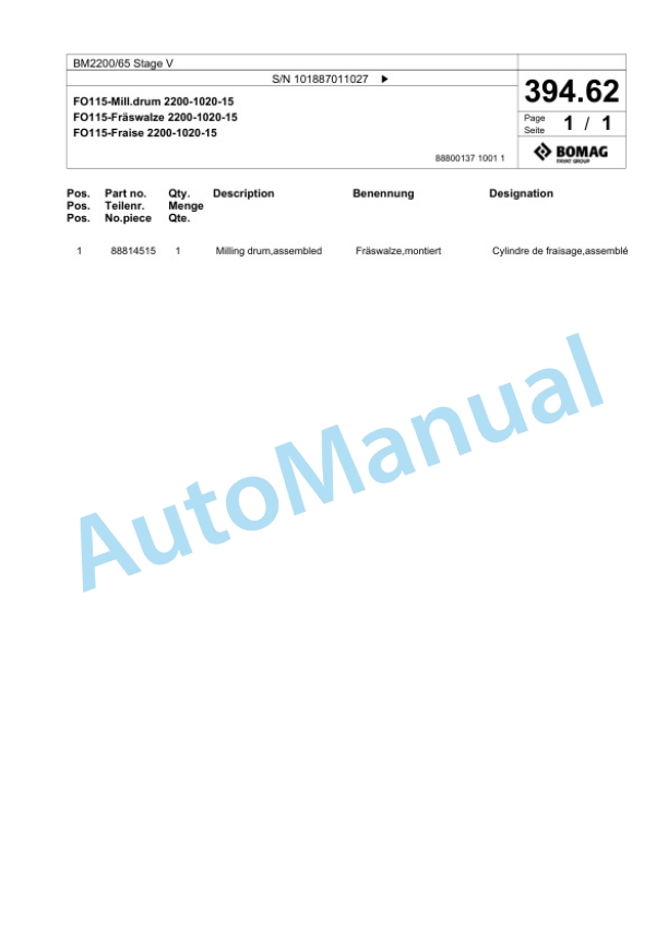 Bomag BM2200-65 Stage V Cold Milling Planer Spare Parts Catalogue 00826469-4