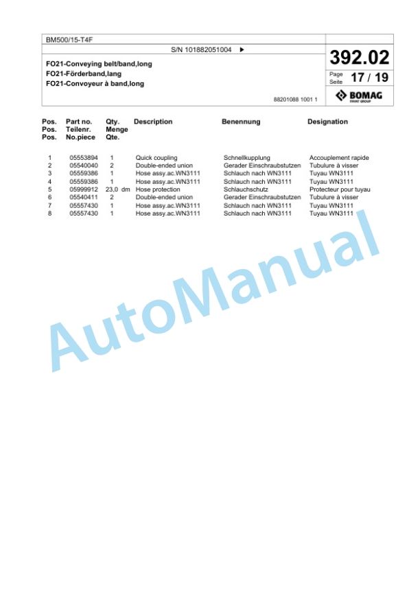 Bomag BM500-15-T4F Cold Milling Planer Spare Parts Catalogue 00825149-2