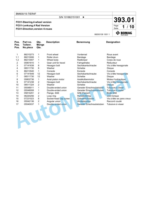 Bomag BM600-15-TIER4F Cold Milling Planer Spare Parts Catalogue 00825151-2