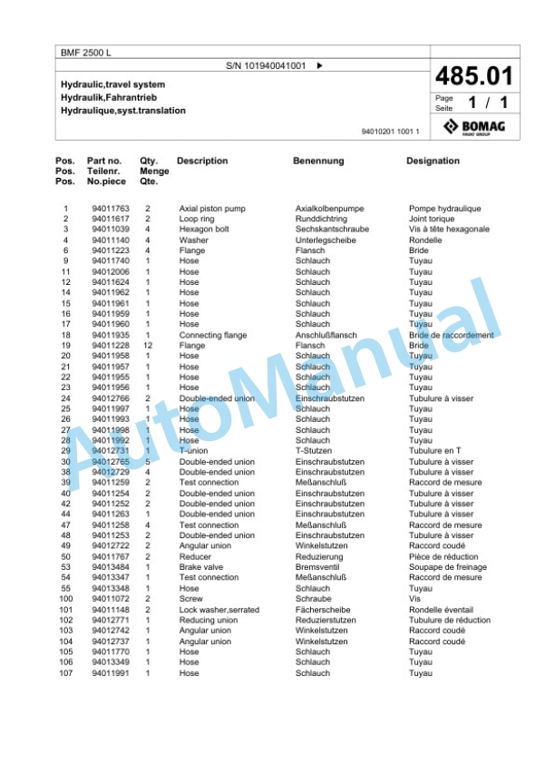 Bomag BMF 2500 L Feeder Spare Parts Catalogue 00825465-4
