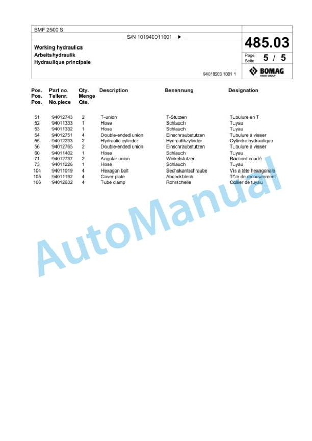 Bomag BMF 2500 S Feeder Spare Parts Catalogue 00825043-3