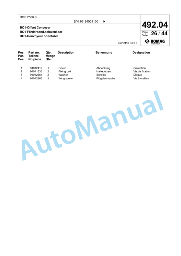 Bomag BMF 2500 S Feeder Spare Parts Catalogue 00825043-4