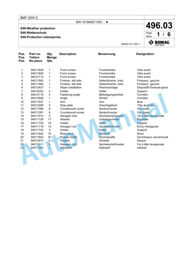 Bomag BMF 2500 S Feeder Spare Parts Catalogue 00825043-5