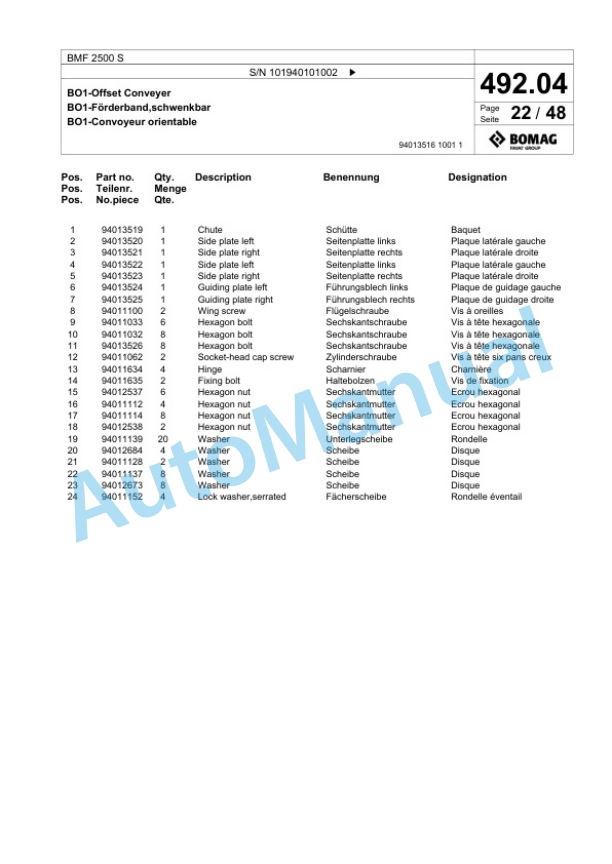 Bomag BMF 2500 S Feeder Spare Parts Catalogue 00825155-3