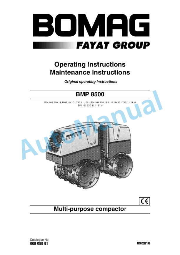 Bomag BMP 8500 Multi Purpose Compactor Operating and Maintenance Instructions 00805981