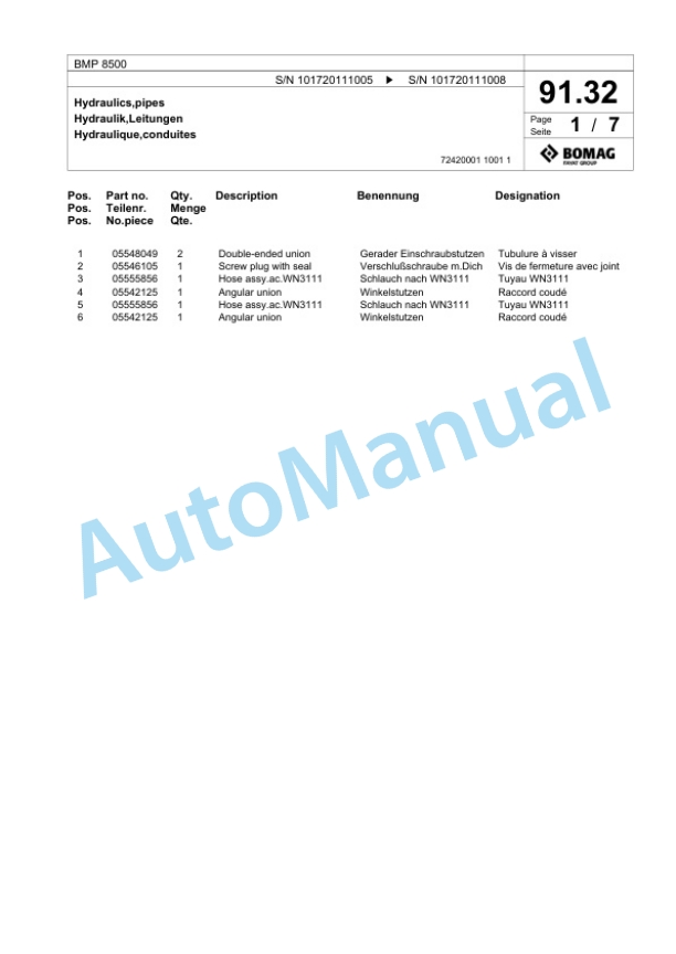 Bomag BMP 8500 Multi Purpose Compactor Spare Parts Catalogue 00818667-4