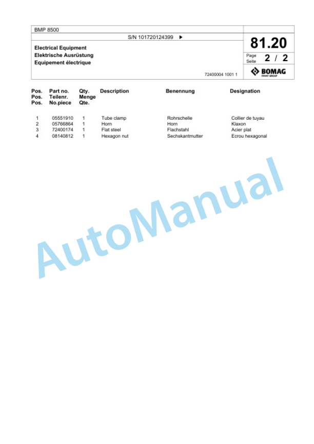 Bomag BMP 8500 Multi Purpose Compactor Spare Parts Catalogue 00824277-2