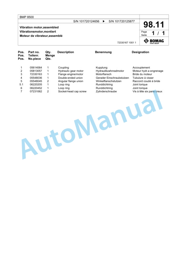 Bomag BMP 8500 Multi Purpose Compactor Spare Parts Catalogue 00824277-3