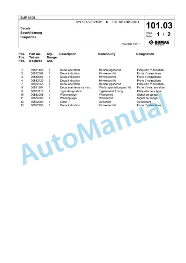 Bomag BMP 8500 Multi Purpose Compactor Spare Parts Catalogue 00824277-4