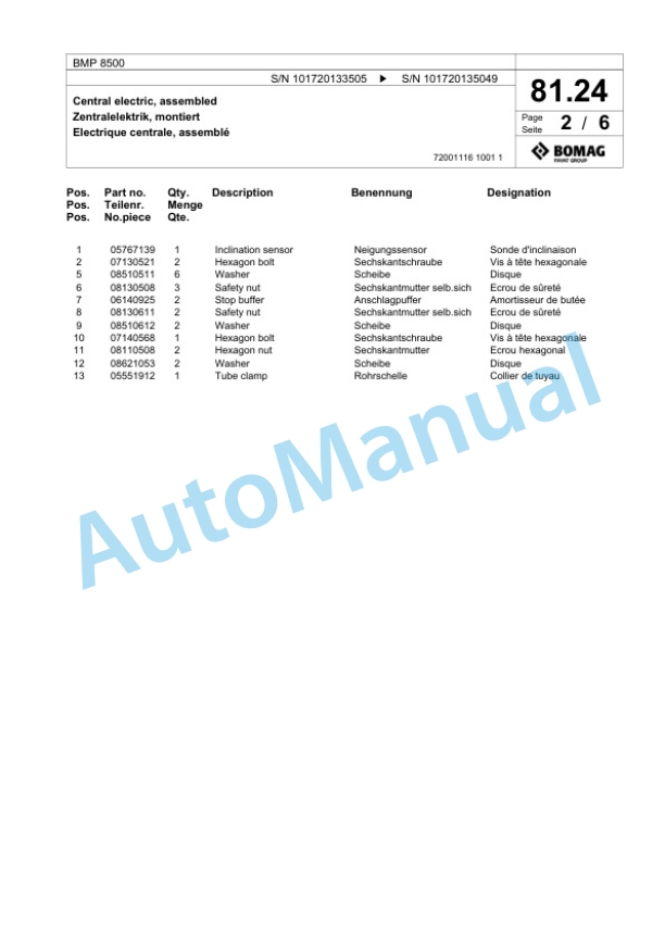 Bomag BMP 8500 Multi Purpose Compactor Spare Parts Catalogue 00825393-2