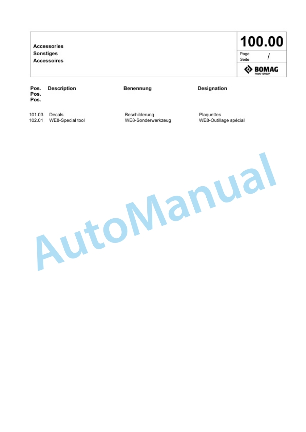 Bomag BMP 8500 Multi Purpose Compactor Spare Parts Catalogue 00825737-4
