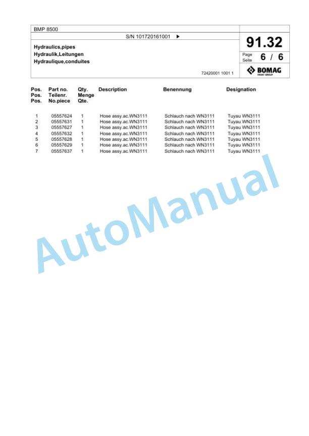 Bomag BMP 8500 Multi Purpose Compactor Spare Parts Catalogue 00826585-3