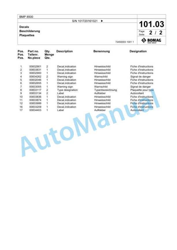 Bomag BMP 8500 Multi Purpose Compactor Spare Parts Catalogue 00826585-4