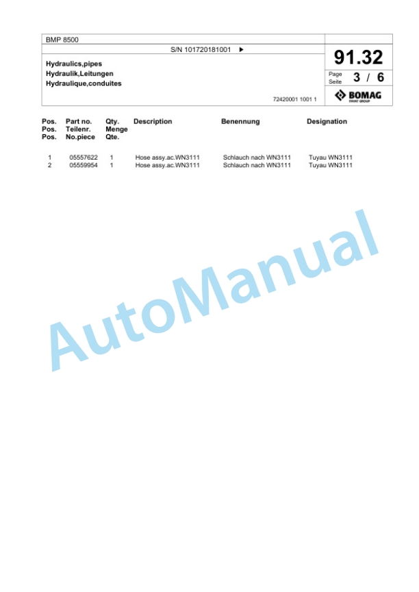 Bomag BMP 8500 Multi Purpose Compactor Spare Parts Catalogue 00826647-3