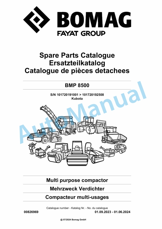 Bomag BMP 8500 Multi Purpose Compactor Spare Parts Catalogue 00826969