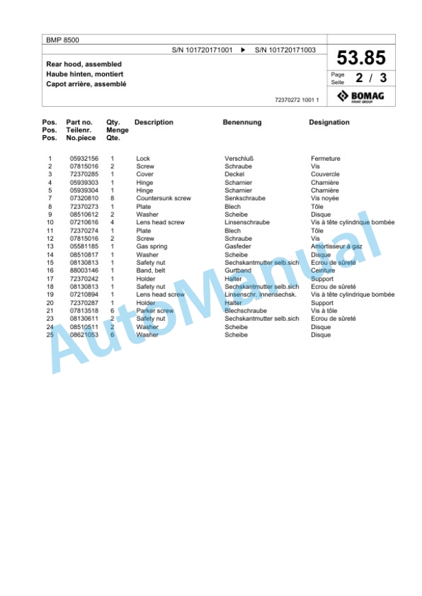 Bomag BMP 8500 Multi Purpose Compactor Spare Parts Catalogue 00827005-2