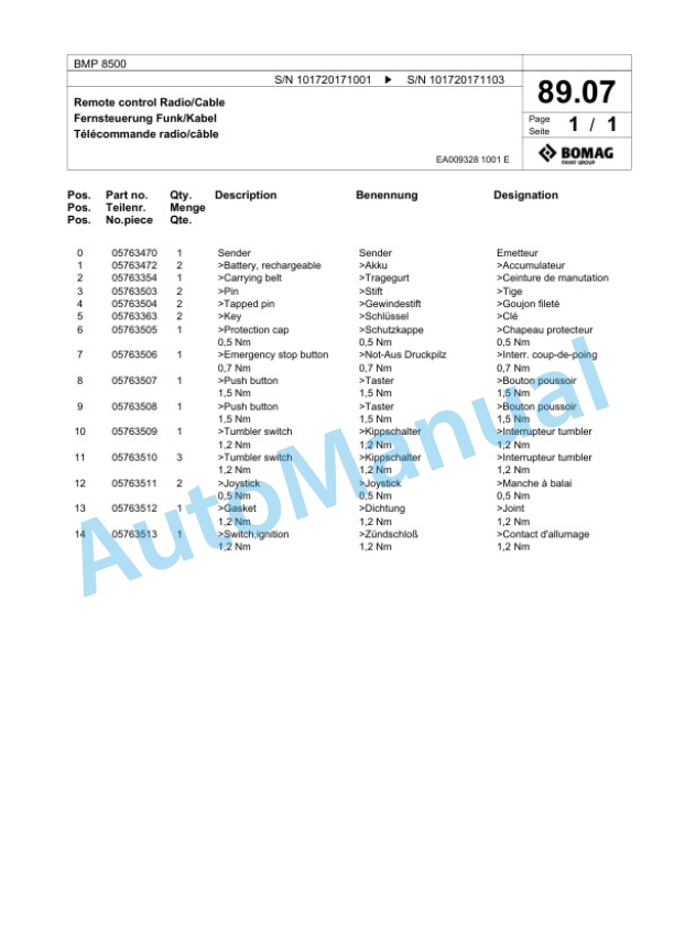 Bomag BMP 8500 Multi Purpose Compactor Spare Parts Catalogue 00827005-3