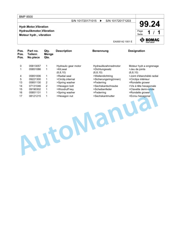 Bomag BMP 8500 Multi Purpose Compactor Spare Parts Catalogue 00827005-4