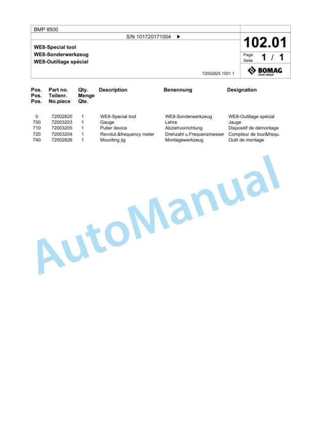 Bomag BMP 8500 Multi Purpose Compactor Spare Parts Catalogue 00827005-5