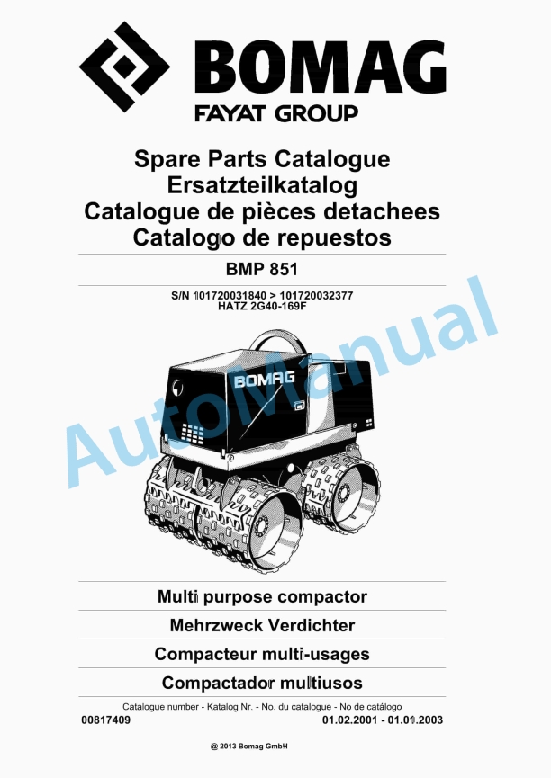 Bomag BMP 851 Multi Purpose Compactor Spare Parts Catalogue 00817409