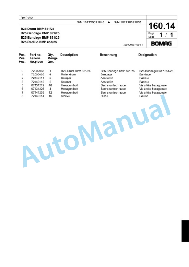 Bomag BMP 851 Multi Purpose Compactor Spare Parts Catalogue 00817409-5