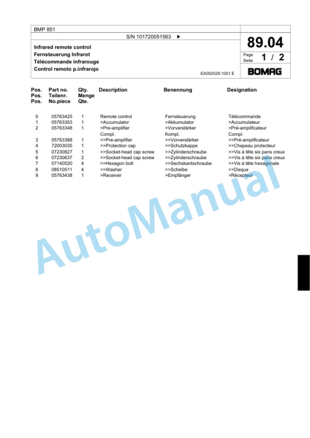 Bomag BMP 851 Multi Purpose Compactor Spare Parts Catalogue 00817959-4