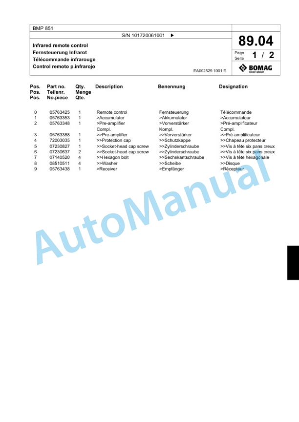 Bomag BMP 851 Multi Purpose Compactor Spare Parts Catalogue 00818499-3
