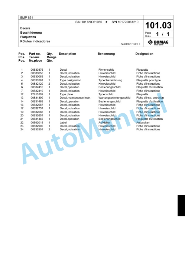 Bomag BMP 851 Multi Purpose Compactor Spare Parts Catalogue 00818499-5