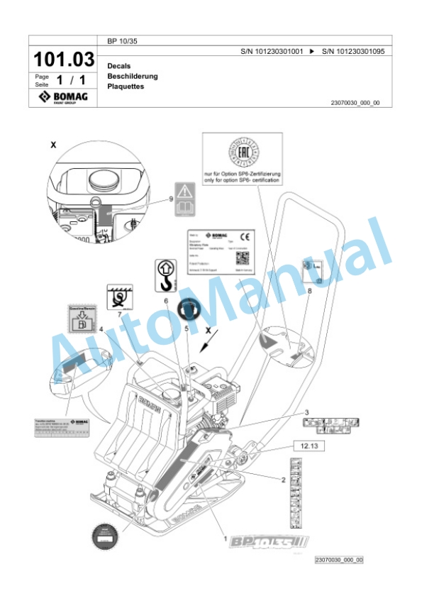 Bomag BP 10-35 Vibratory Plate Compactor Spare Parts Catalogue 00825497-3