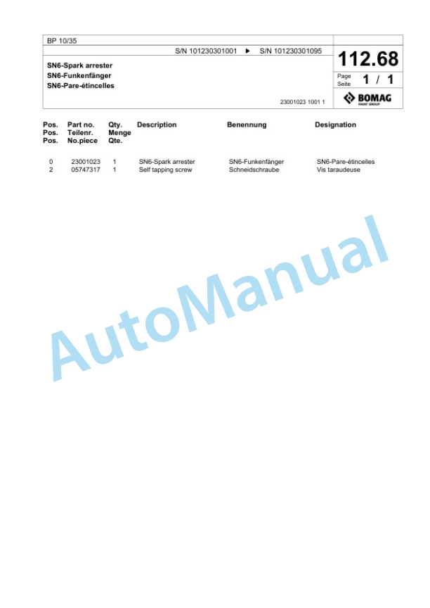 Bomag BP 10-35 Vibratory Plate Compactor Spare Parts Catalogue 00825497-4