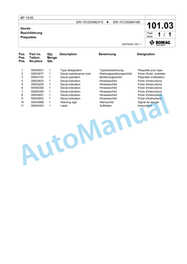 Bomag BP 10-35 Vibratory Plate Compactor Spare Parts Catalogue 00826111-3