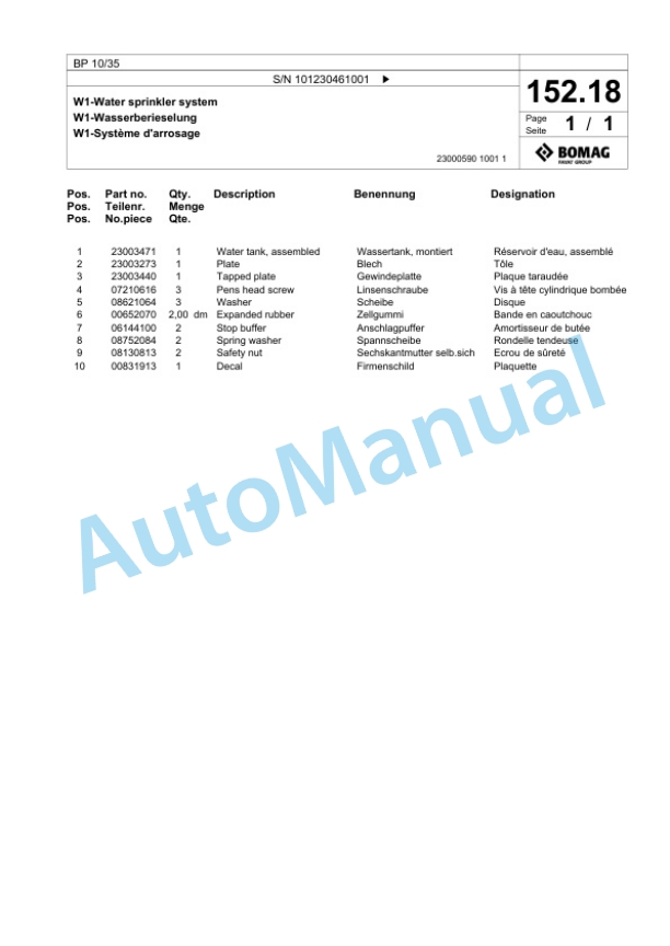 Bomag BP 10-35 Vibratory Plate Compactor Spare Parts Catalogue 00826111-5