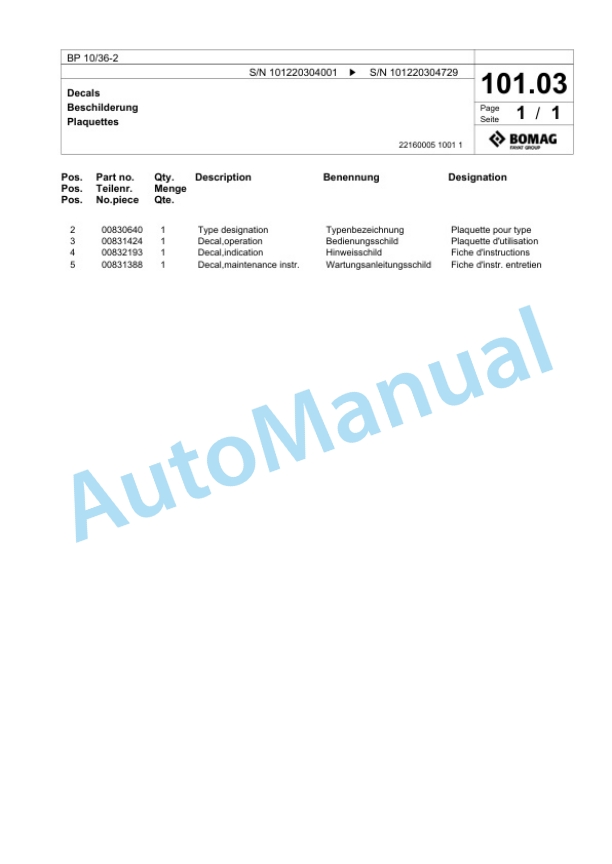 Bomag BP 10-36-2 Vibratory Plate Compactor Spare Parts Catalogue 00812064-5