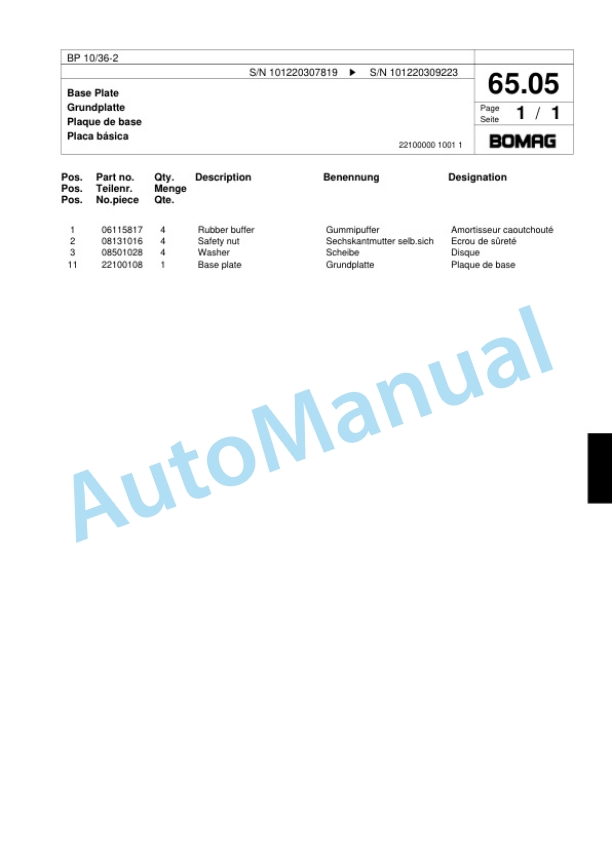 Bomag BP 10-36-2 Vibratory Plate Compactor Spare Parts Catalogue 00817411-3