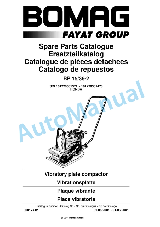 Bomag BP 10-36-2 Vibratory Plate Compactor Spare Parts Catalogue 00817412