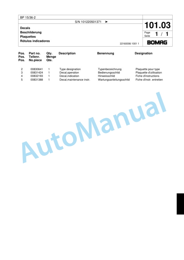 Bomag BP 10-36-2 Vibratory Plate Compactor Spare Parts Catalogue 00817412-5