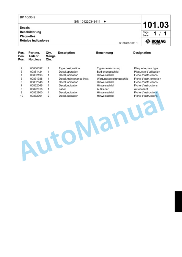 Bomag BP 10-36-2 Vibratory Plate Compactor Spare Parts Catalogue 00817609-4
