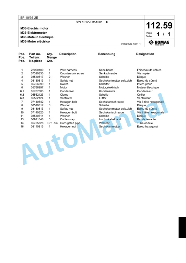 Bomag BP 10-36-2E Vibratory Plate Compactor Spare Parts Catalogue 00817847-5