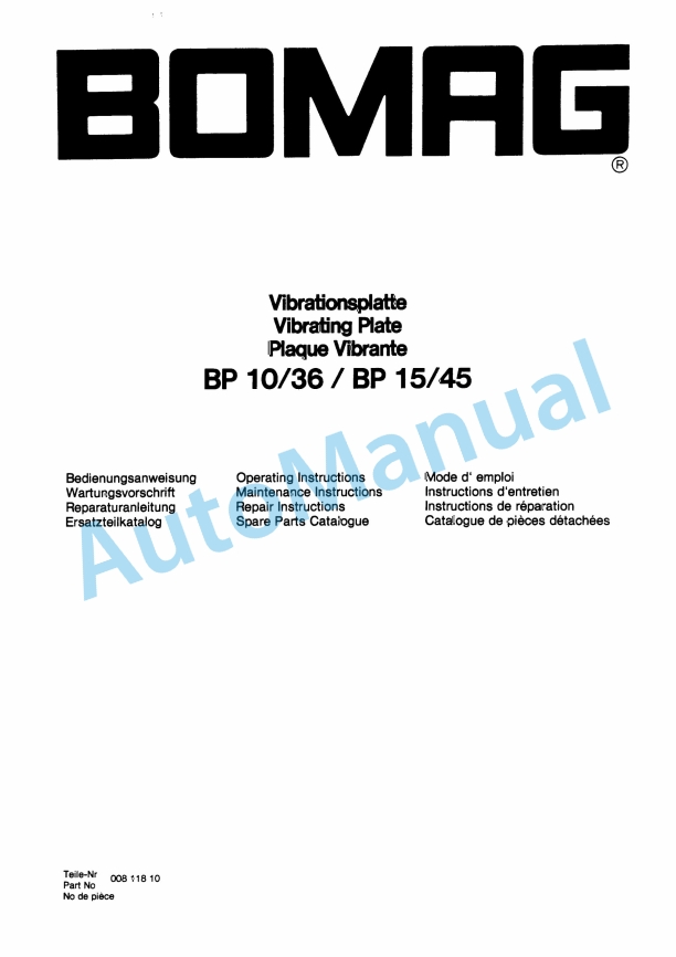 Bomag BP 10-36, BP 15-45 Vibratory Plate Compactor Spare Parts Catalogue 00811810