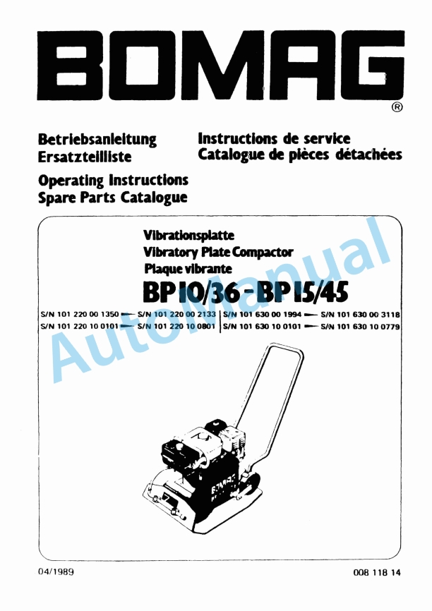 Bomag BP 10-36, BP 15-45 Vibratory Plate Compactor Spare Parts Catalogue 00811814