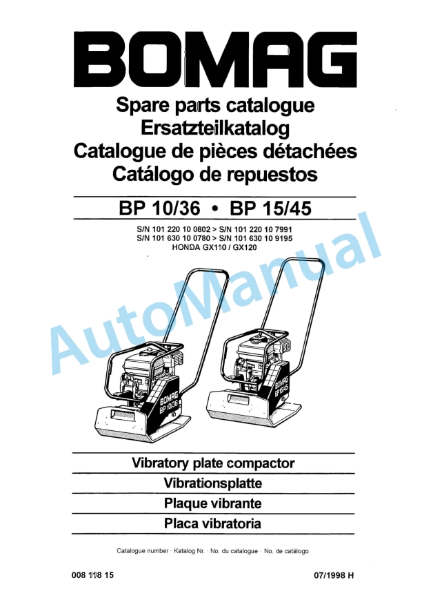 Bomag BP 10-36, BP 15-45 Vibratory Plate Compactor Spare Parts Catalogue 00811815