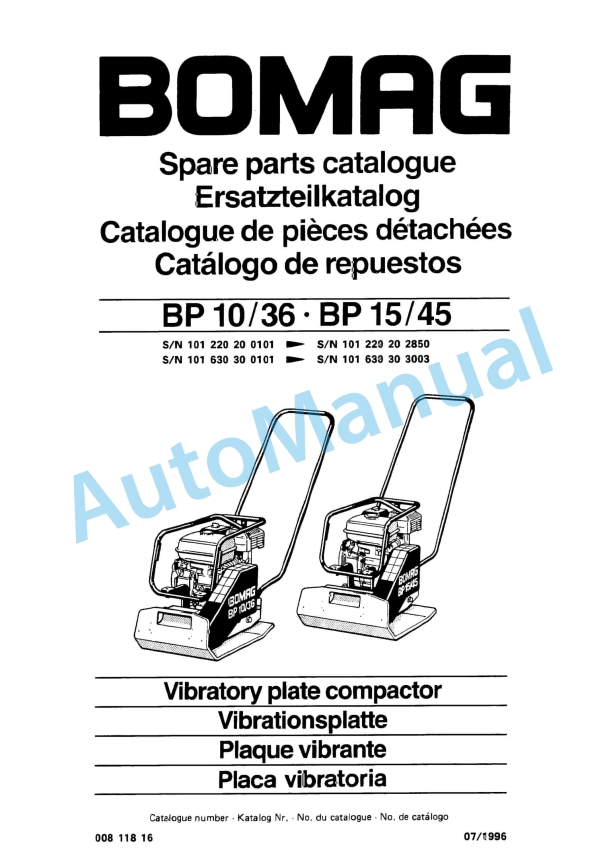 Bomag BP 10-36, BP 15-45 Vibratory Plate Compactor Spare Parts Catalogue 00811816