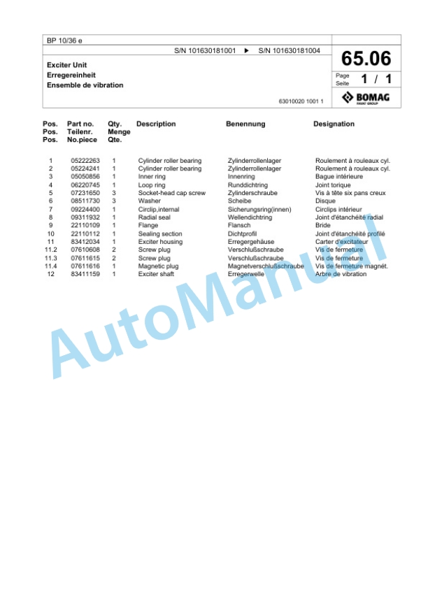 Bomag BP 10-36 e Vibratory Plate Compactor Spare Parts Catalogue 00826751-2