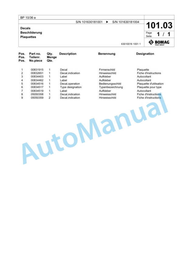Bomag BP 10-36 e Vibratory Plate Compactor Spare Parts Catalogue 00826751-3